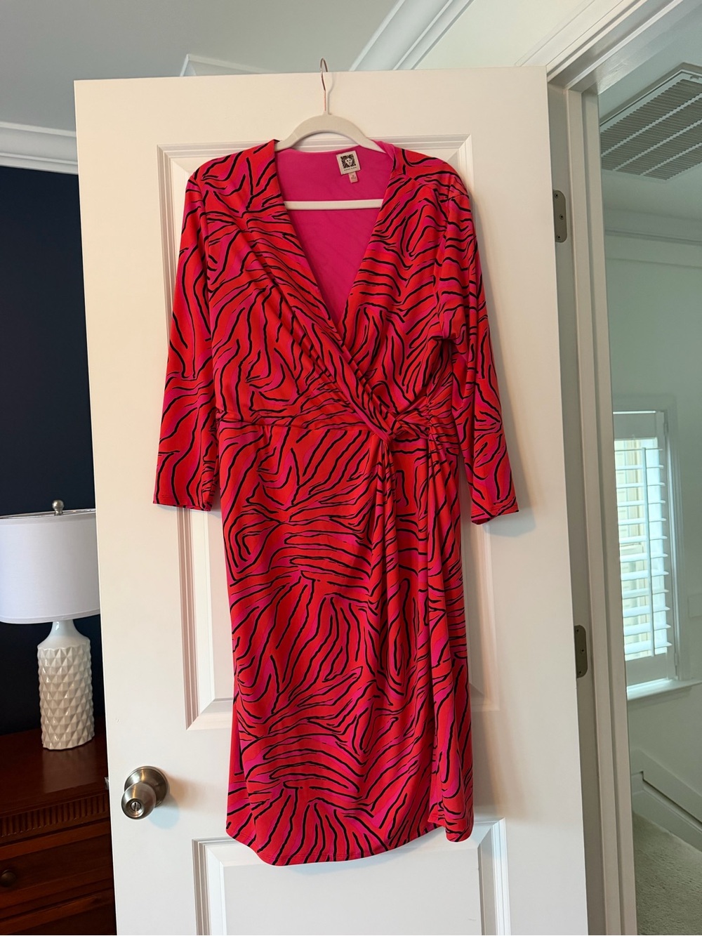 Anne Klein Pink, Red, and Black Zebra-Print Wrap Midi Dress